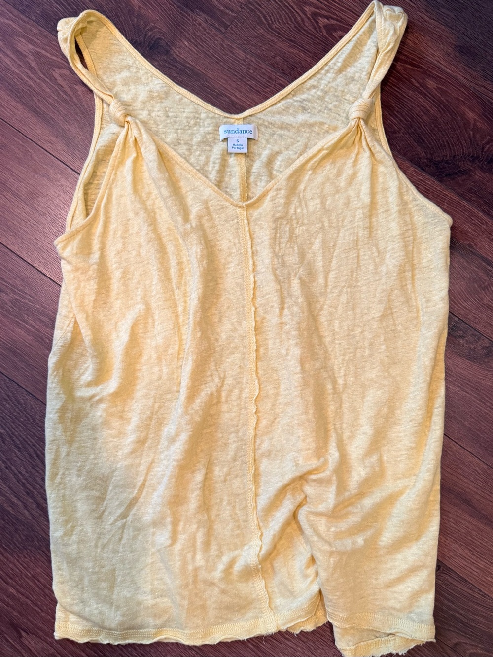 Sundance Pale Yellow Linen V-Neck Tank with Center Seam